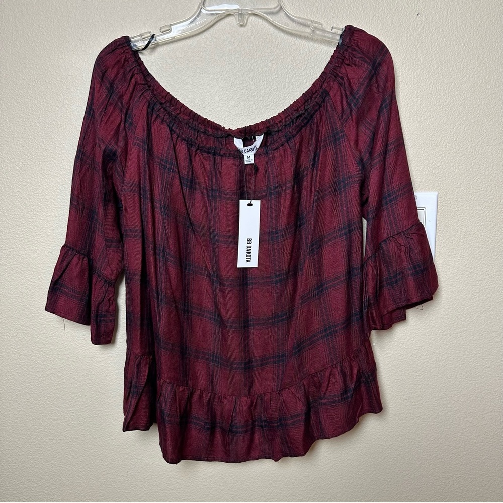 BB Dakota Laurian Off-the-Shoulder Plaid Blouse